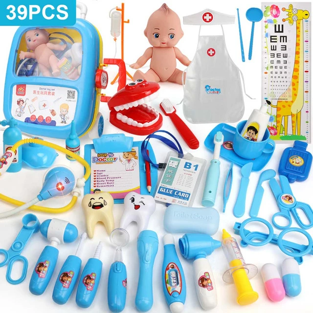 21-39 шт., детские игрушки для ролевых игр, набор для доктора, медицинский набор для моделирования с портативным чемоданом, игрушки для ролевых игр для девочек, инструмент для зубного врача - Цвет: 39PCS Blue Case Set
