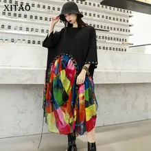 XITAO шифоновое асимметричное платье миди с заклепками, женская одежда, с круглым вырезом, из кусков, летнее, размера плюс, летнее, элегантное, новинка WLD2120