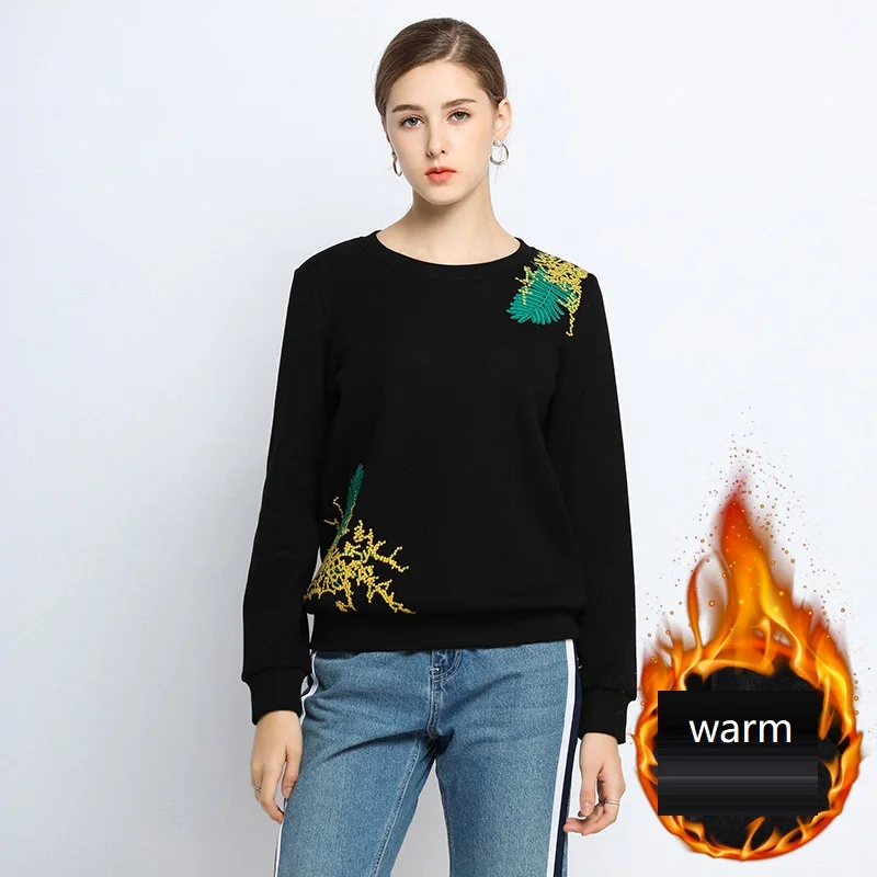 2019 зимняя Толстовка с длинным рукавом и вышивкой теплая флисовая повседневная