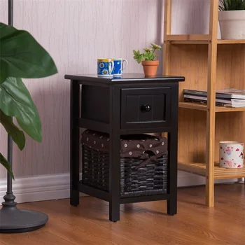 

Mini 2 Tier 1 Drawer Wood Nightstand with Basket MDF and Solid Paulownia Wood Nightstand with Withdrawable Storage Box HW55996