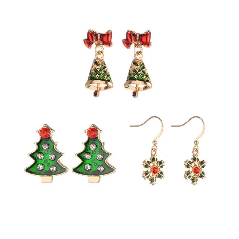 3 Pairs Christmas Earrings Rhinestone Snowflake Design Trendy Eardrop Earrings Alloy Dangler Ear Jewelry for Ladies