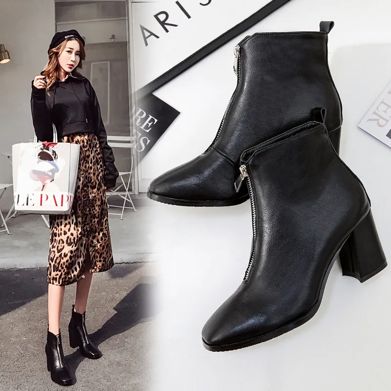 

Women's Rubber Boots Leather Booties Autumn Shoes Clogs Platform Bootee Woman 2019 Zipper Rain Elegant Ladies Rock High Heel