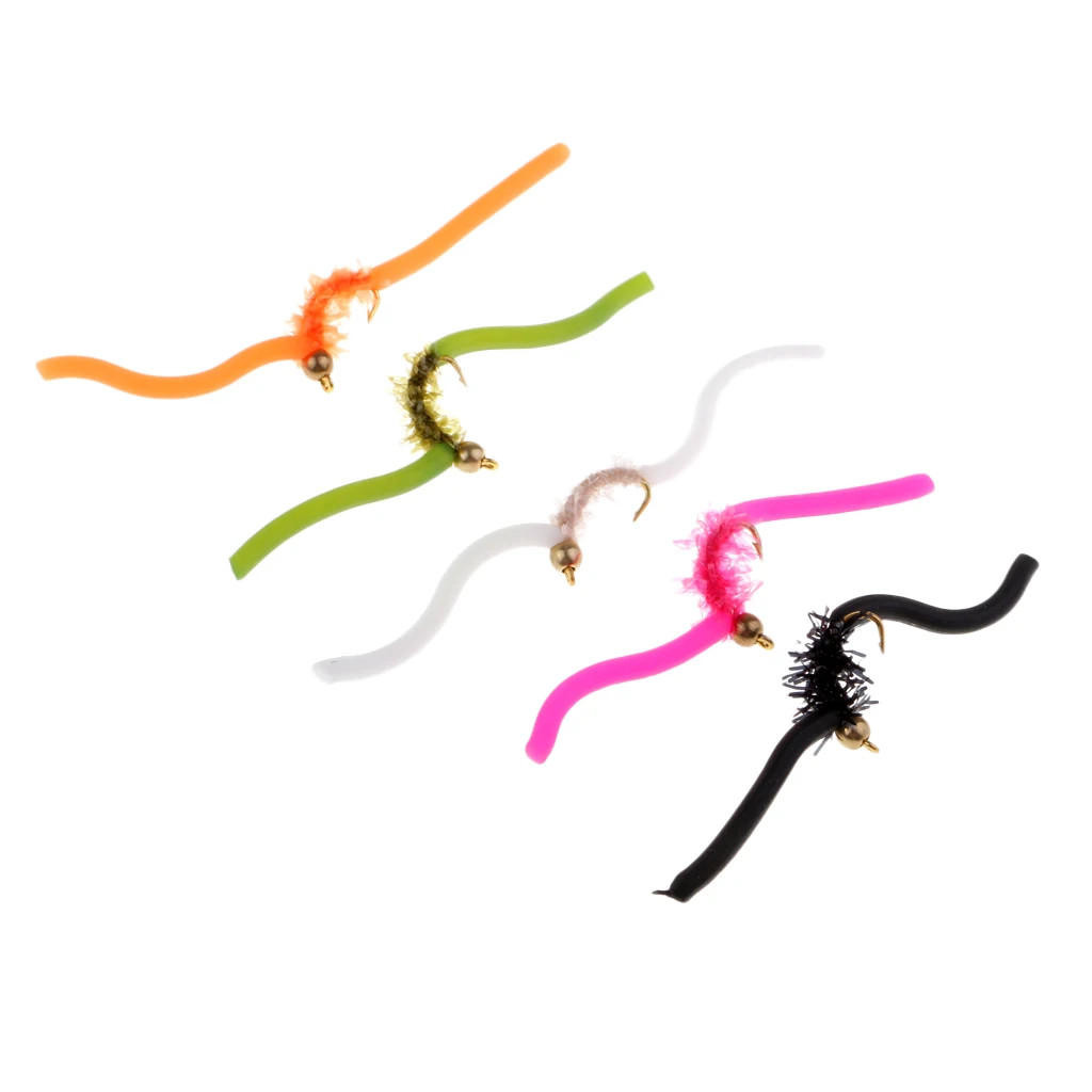 5pcs Beadhead Squirmy Wormy Wormie San Juan Worm Fly Fishing Flies 10 Colors