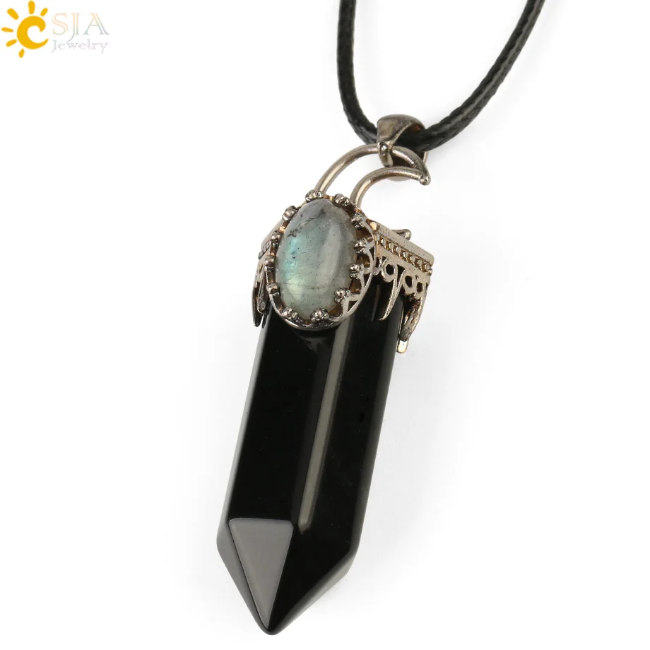 Black Onyx Chain CSJA Натуральный Камень Кристалл Подвески полудрагоценное ожерелье подвеска в форме половины Луны античный серебряный цвет шестигранная колонна подвеска G253 - Окраска металла: Black Onyx Chain