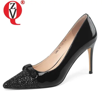 

ZVQ spring new fashion sexy women pumps outside high heels pointed toe bowtie genuine leather party shoes women drop shipping