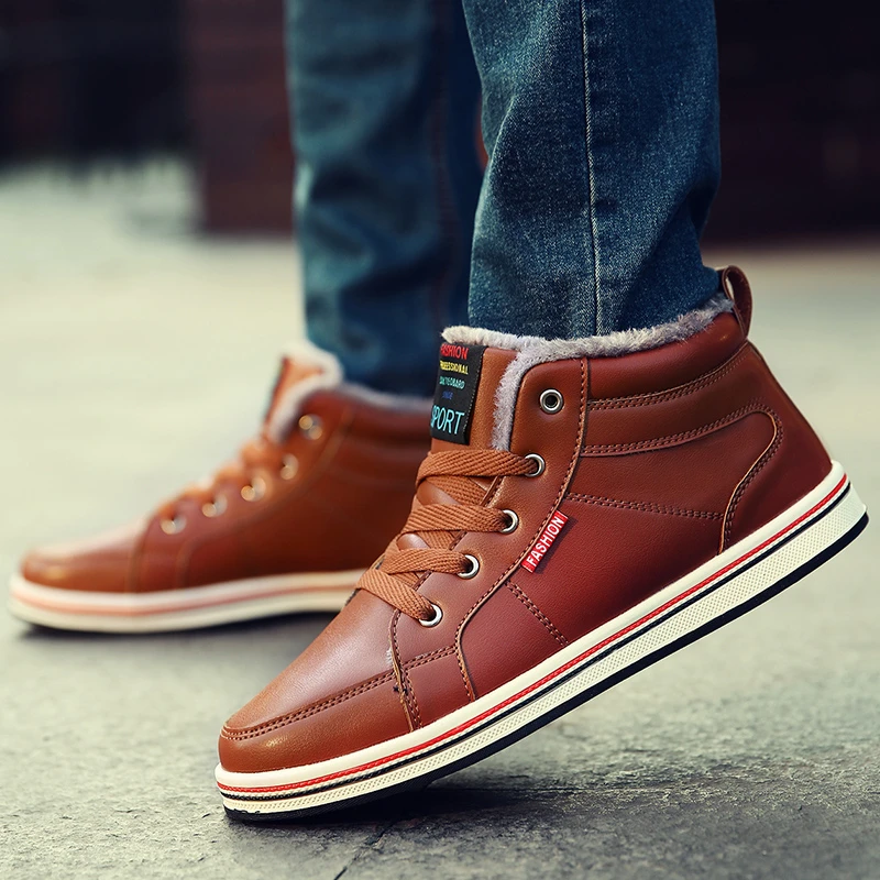Mens Winter Shoes Waterproof Big Size 39-48 Fur Warm Sports Shoes Lace-up Non-slip Outdoor Sneakers Comfortable Gym Trainer Flat