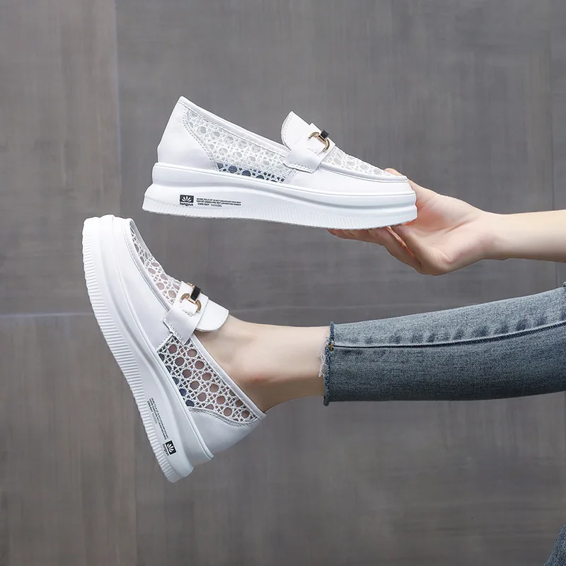 2022 New Casual and Comfortable Thick-soled Loafers Summer Breathable White Shoes Single-pedal Shoes Women