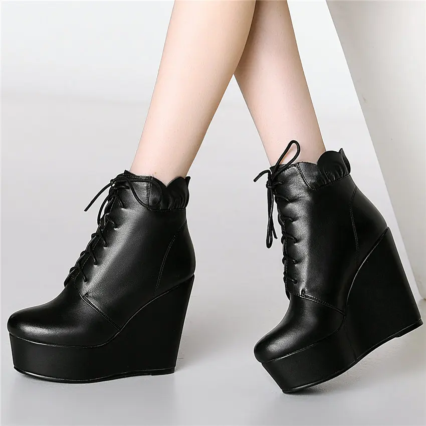 Punk Oxfords Shoes Women Cow Leather Wedges Super High Heel Platform Winter Pumps Round Toe Hight Top Punk Sneakers Casual Shoes