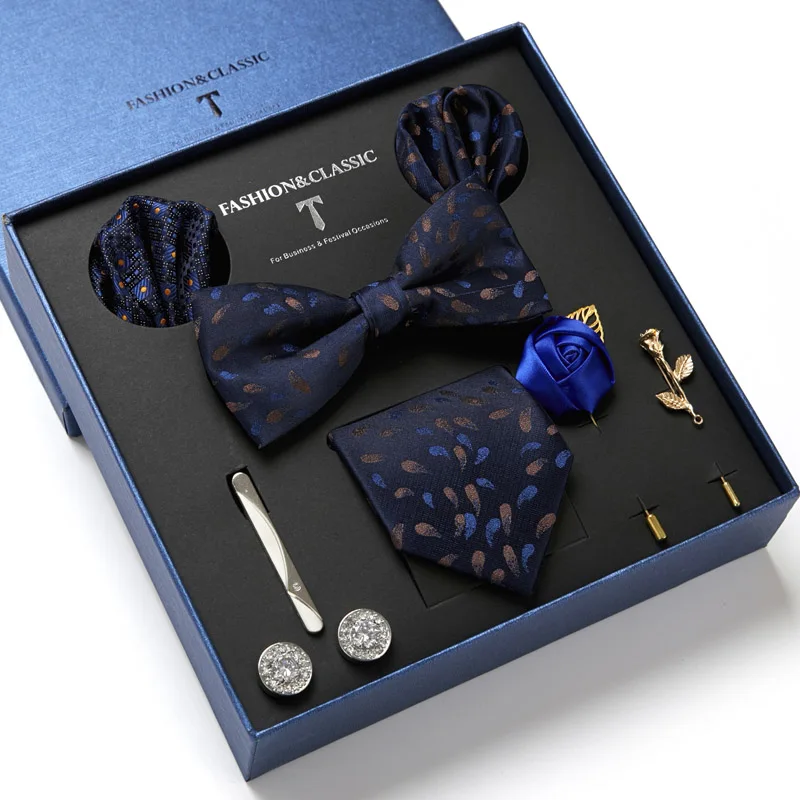 Brand 100% Silk Men's Tie Set Neck Tie pocket square Luxury Gift Box Silk Tie Necktie Set 8pcs Inside Packing Festive Present Cravat Pocket Squares