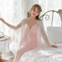 Весенне-летние женские ночные рубашки из модала и кружева, комплект из 2 предметов, винтажное газовое платье принцессы, женское сексуальное ночное платье белого/розового цвета