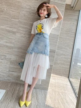 

Stylish Cartoon Printed Age-Reducing T-shirt + Denim Stitching Irregular Gauze Skirt Suit, Female Fashion Summer New