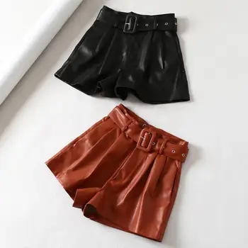 

Autumn Winter Women Solid Color Belted Wide Leg High Waist Faux Leather Shorts
