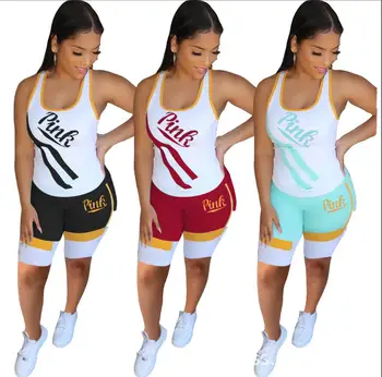 

2020 Plus Size Summer Two 2 Piece Set Pink Letter Print Sleeveless Vest Tops Woman Pants TrackSuits Womens Pant Set