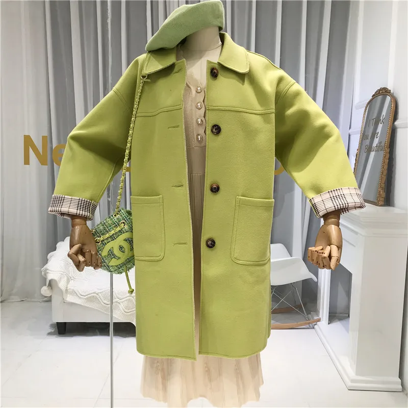 Green Abrigos Mujer Invierno Женское шерстяное пальто с карманами, длинное одноцветное однобортное пальто с широкой талией и отложным воротником