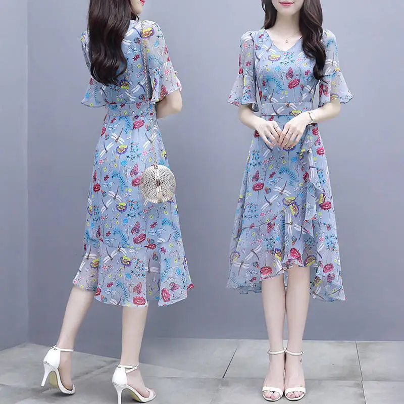 

Floral-Print Dress Women's Summer 2020 New Style Slim Fit Elegant Slimming Mid-length V-neck Flounced Skirt