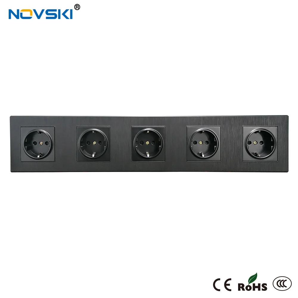 Double Quintuple Outlet Frame Black Brushed German Plug Grounded EU Standard 16A Electrical Socket 110-250V, 15 Years Warranty