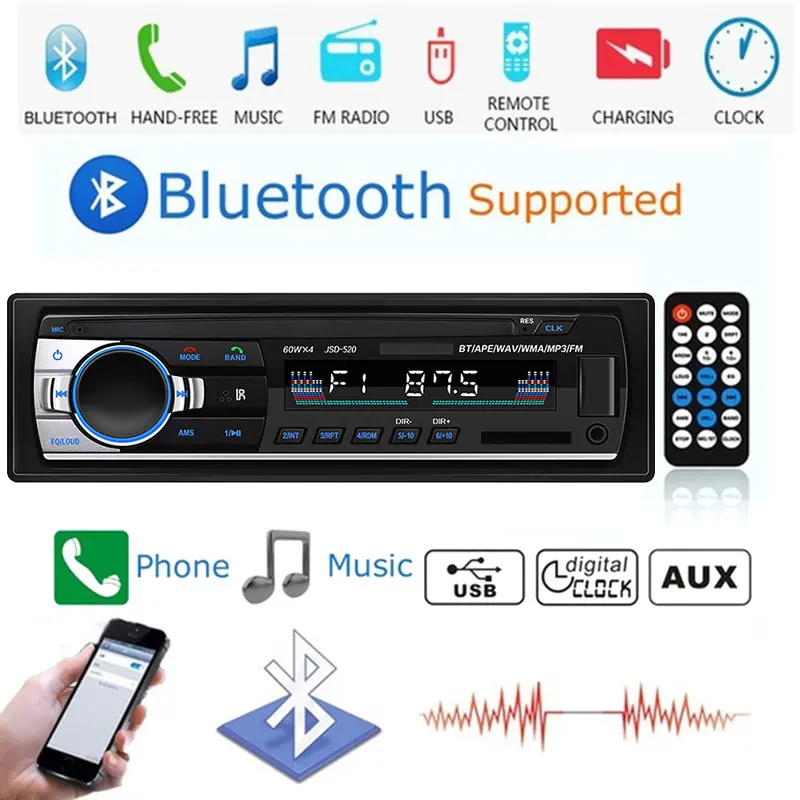 Vehemo AUX Bluetooth автомобильный Радио Fm Автомобильный MP3-плеер Универсальная гарнитура USB Поддержка карт памяти SD через USB