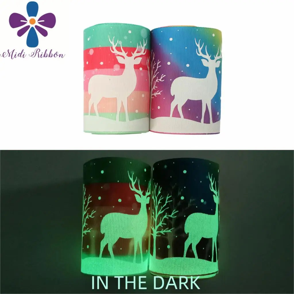 

3"75mm White Ink Printing Glow in the Dark Christmas Cartoon Elk Tree Rainbow Stripes Printed Grosgrain Ribbon DIY 50yards/roll