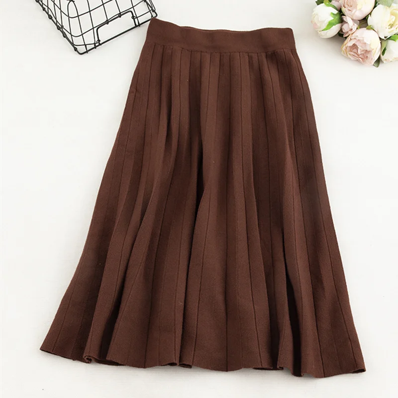 SINGRAIN Women Long Knitted Pleated Skirt Winter Warm High Waist Skirt Autumn Elastic Midi Long A-Line Stripe Knit Sweater Skirt