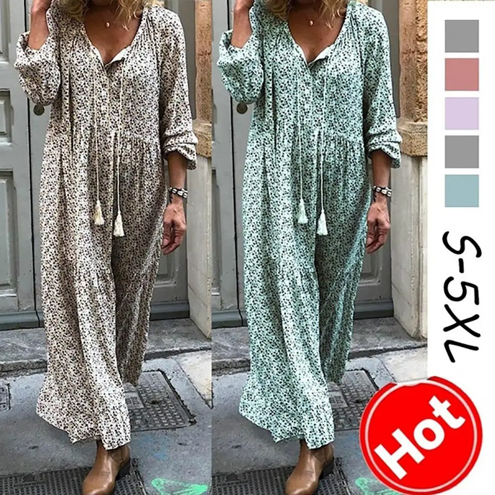 

2019 New Women fashion V Neck Plus Size Bohemian V Neck Floral Print Tassel Drawstring Long Sleeve Dress