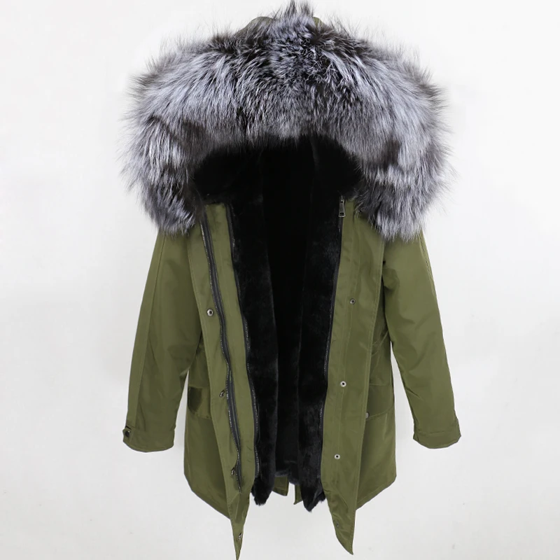green silver black Водонепроницаемый натуральный мех пальто зимняя куртка женская длинная парка натуральный Лисий меховой капюшон, воротник Толстая теплая верхняя одежда уличная Роскошная - Цвет: green silver black