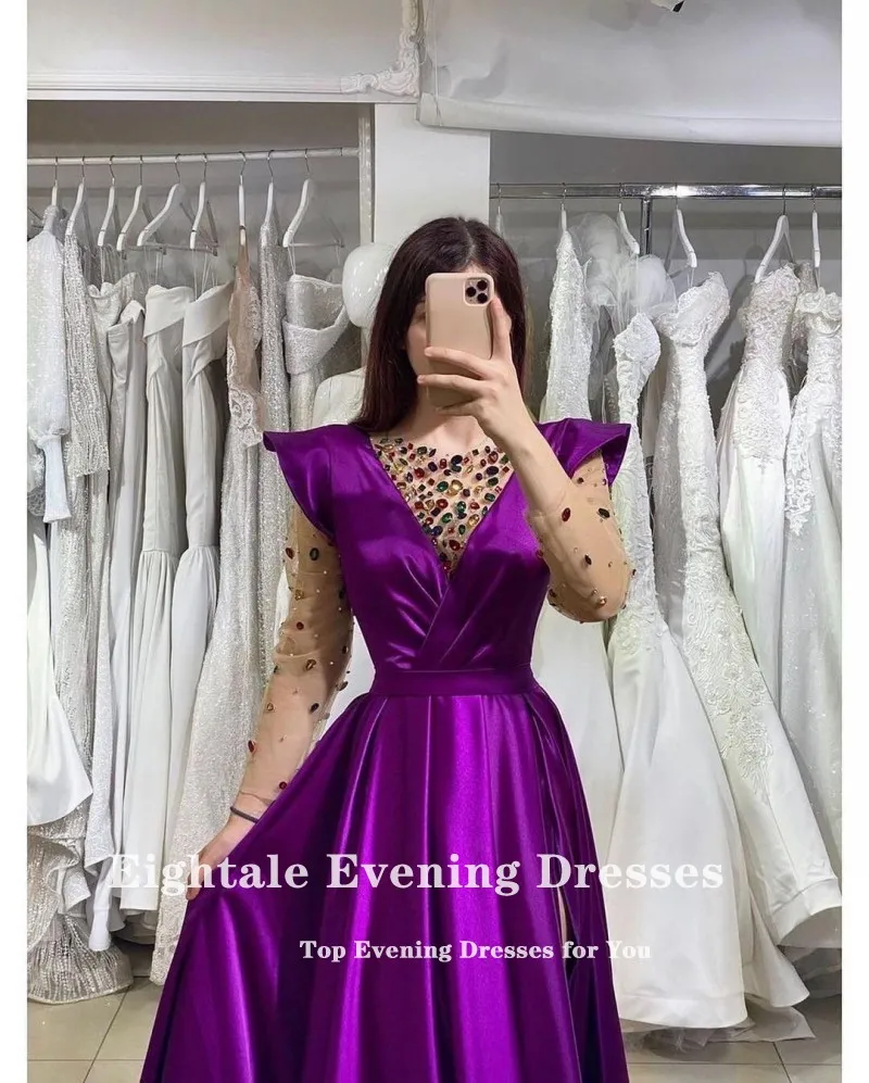 Eightale Arabic Evening Dresses Crystals A-Line Long Sleeves Satin Floor Length Side Split Long Celebrity Party Dress Prom Gown sexy evening gowns