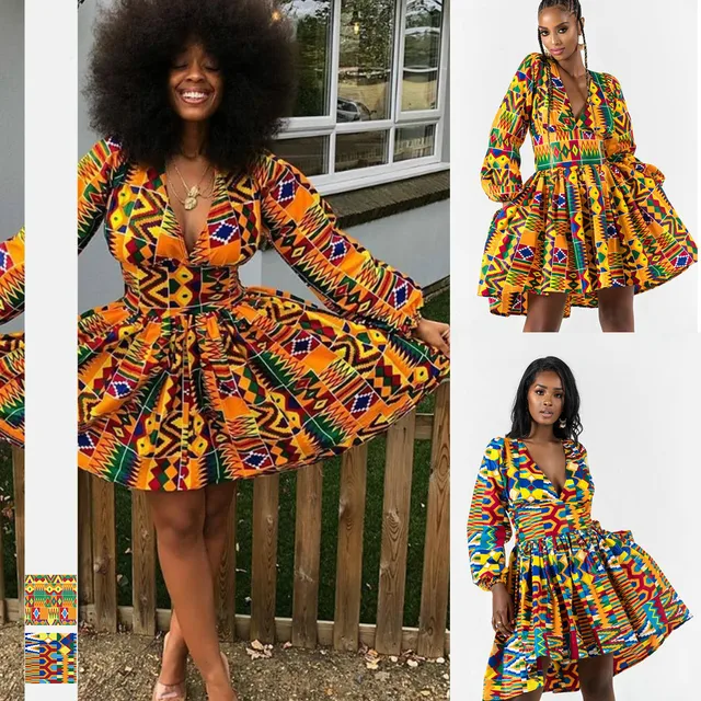 Obus V-Neck Dashiki Long Sleeve Mini Dress