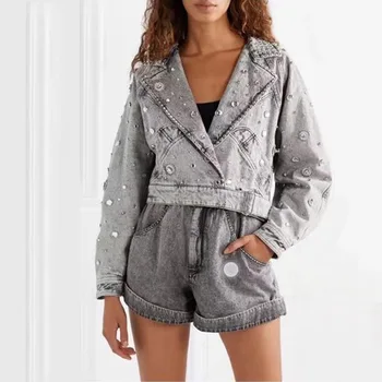 

New stylish handsome punk wind heavy hammer drill cowboy coat high waist shorts suits female