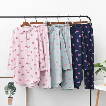 

Spring and Autumn Pajamas Long Sleeve Loose Long Sleepwear Two Suits Women Pure Cotton Lovely Small Cherry Printing Pyjamas