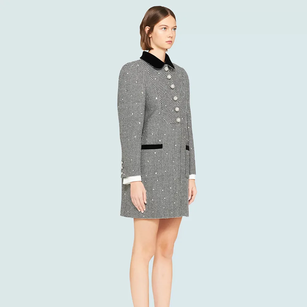 

Women's Jacket and Coat 2020 Vintage Turn Down Collar Crystal Beading SIngle Breasted Houndstooth Loose Long Winter Coat Female
