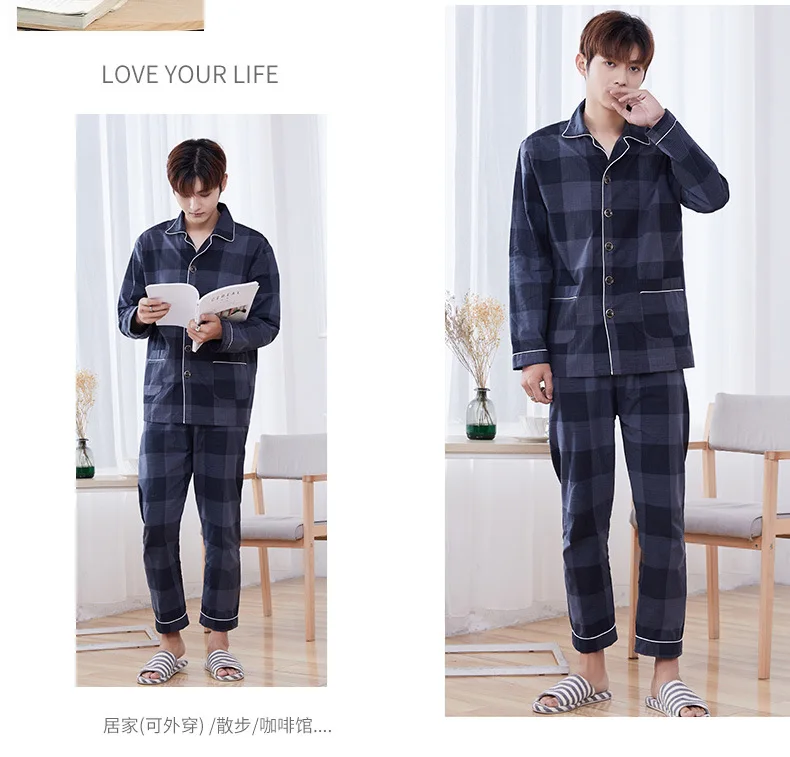 

Spring And Autumn Cotton Plaid Pajamas Men Tracksuit Leisure Suit Early Winter in Service Home Sports Couples Coat