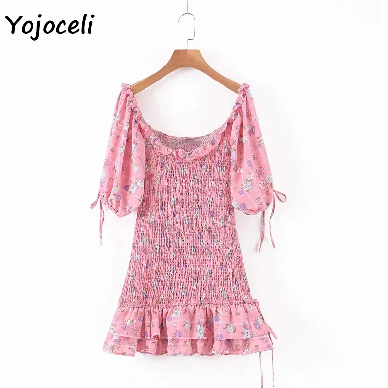 Yojoceli boho Цветочный Принт гофрированное платье для женщин с квадратным вырезом мини-платье с оборками Женское vestidos