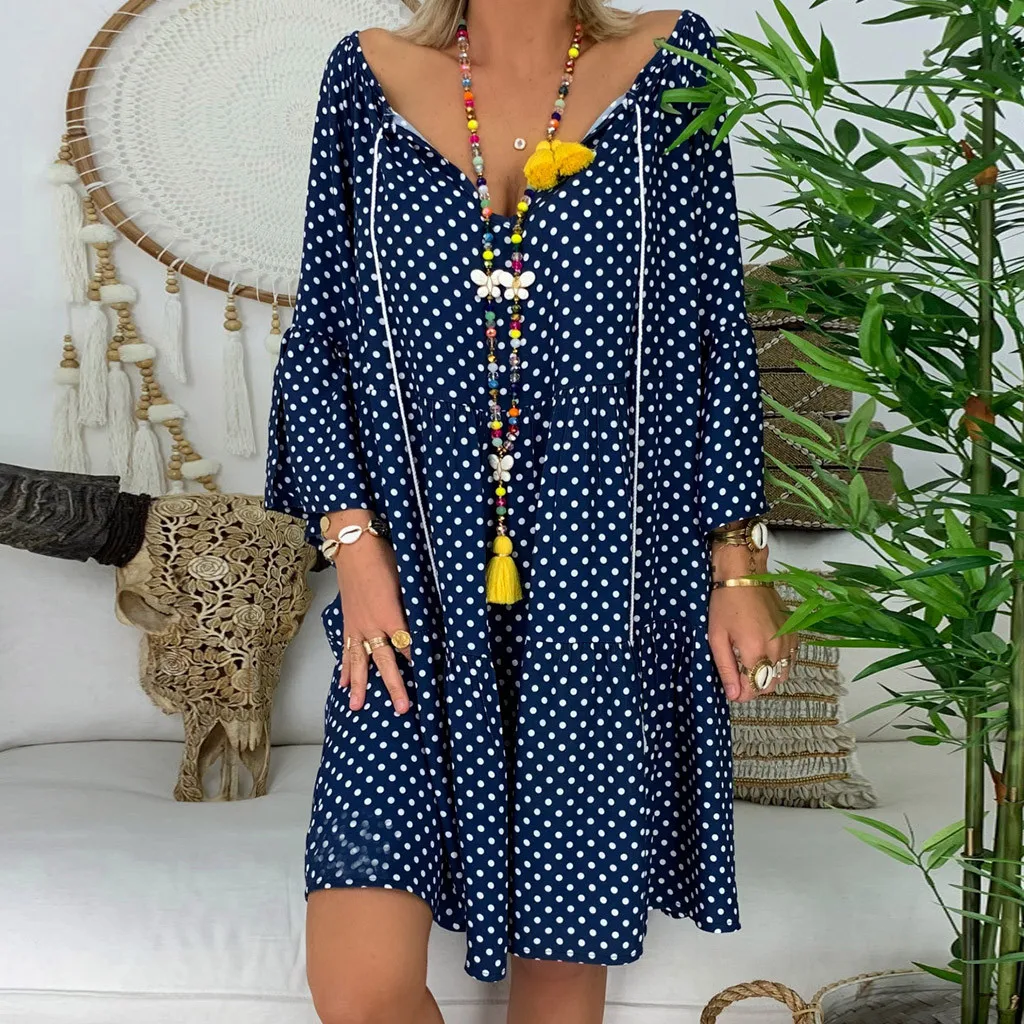 Boho женское платье, женское свободное платье в горошек, рукав три четверти, мини платье, летнее платье, v-образный вырез, вечерние, Клубная туника, Пляжное Платье# G7