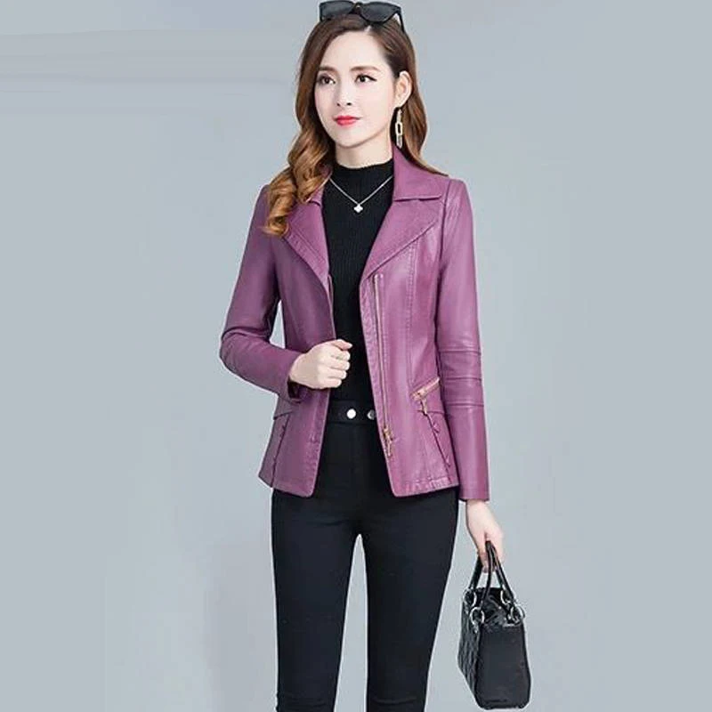 purple Faux leather Jacket Women turn down collar Autumn Motorcycle Jacket Black Outerwear faux leather PU Jacket Coat - Цвет: purple
