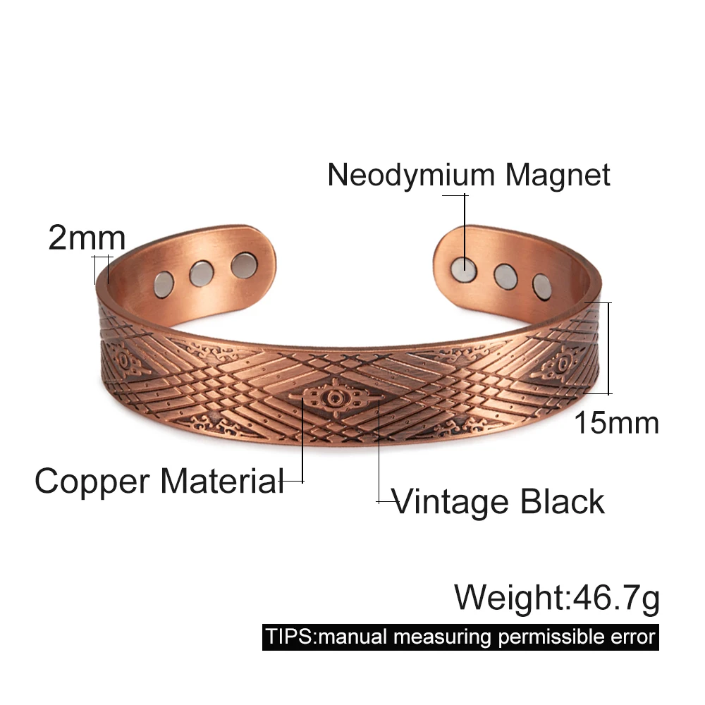 Pure Copper Magnetic Bracelet 15mm Wide Adjustable Cuff Bangles for Men Arthritis Pain Relief Magnetic Therapy Jewelry bangle bracelet magnetic bracelet