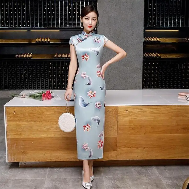 Королевский синий китайский женский современный Qipao платье Мандарин воротник сексуальный Cheongsam с цветочным принтом с коротким рукавом деловая Платья для вечеринок - Цвет: Blue 1