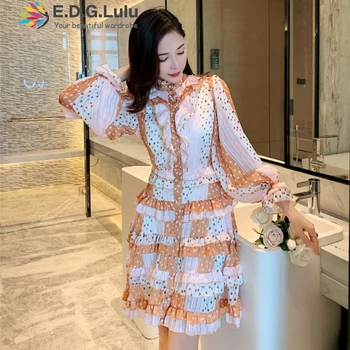 

EDGLuLu Fall Casual Beach Boho Vintage Print Polka Dot Dress Elegant Stand-up Collar Flared Sleeve Cascading Ruffle Dress 0929