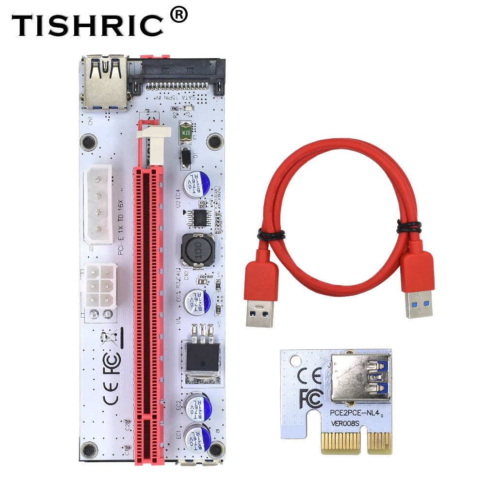 TISHRIC 008S Molex 4PIN 15PIN SATA 6PIN 3 in 1 PCIE PCI Express Riser Card 1X to 16X PCI-E Extender Bitcoin Mining Miner