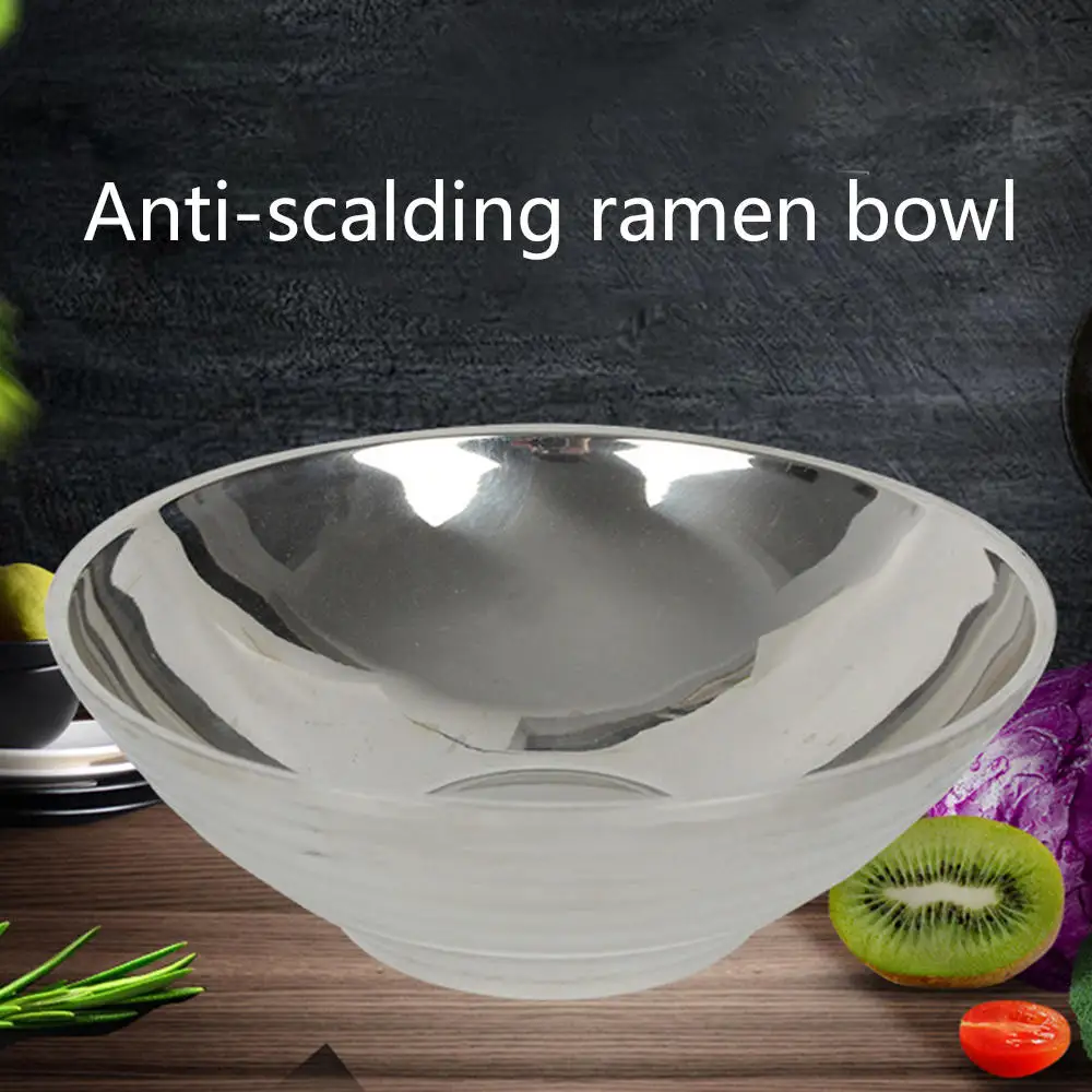 Серебряная миска из нержавеющей стали для лапши Udon Ramen bibimbabb, посуда, двухслойная миска для супа, антиобжигающая миска Ramen