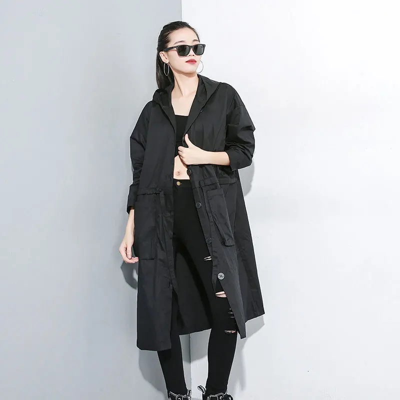 

Vefadisa Autumn Solid Hooded Wide-waisted Coat Single Breasted Drawstring Coat Pockets Loose Woman Coat Black 2019 QYF624