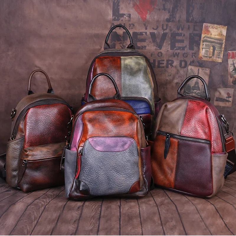 

Vintage Patchwork Real Leather Women Backpacks Female Student Casual Knapsack Bag Fashion Mochila Functional Pockets knapsack