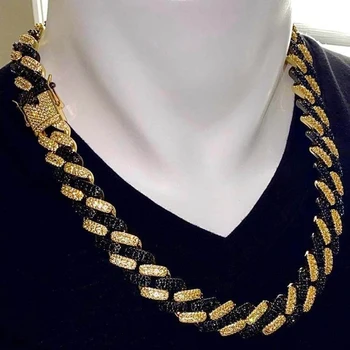 

New Two Tone Color Iced Out 15MM CZ Miami Cuban Link Chain Necklace Baguette White Black 5A Zircon Necklaces Hip Hop Men Jewelry