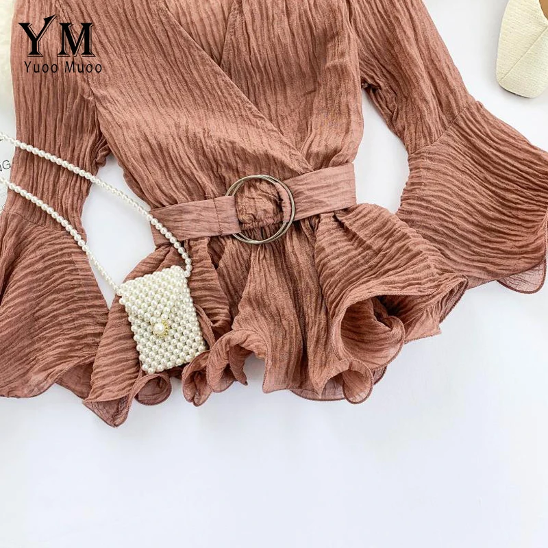 YuooMuoo Elegant Sashes Bandage Autumn Women Blouse Shirt 2019 V Neck Korean Style Ruffle Women Blouse Long Sleeve Chiffon Top 5