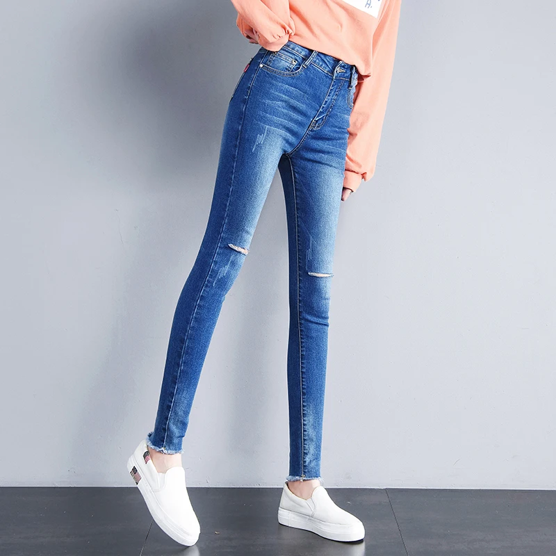 Женские джинсы, Стрейчевые обтягивающие джинсы с высокой талией, женские потертые джинсы, женские эластичные узкие брюки