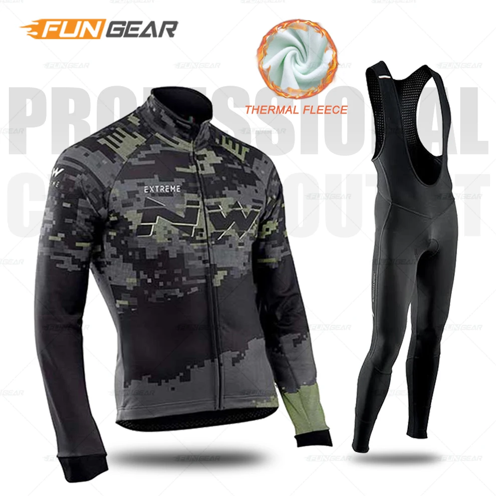 BIB SET Зимний комплект из Джерси с длинным рукавом, Northwave, одежда для велоспорта, мужская форма для шоссейного велосипеда, NW Cycl, комплект, Теплая Флисовая одежда, комбинезон, штаны, костюм - Цвет: BIB SET