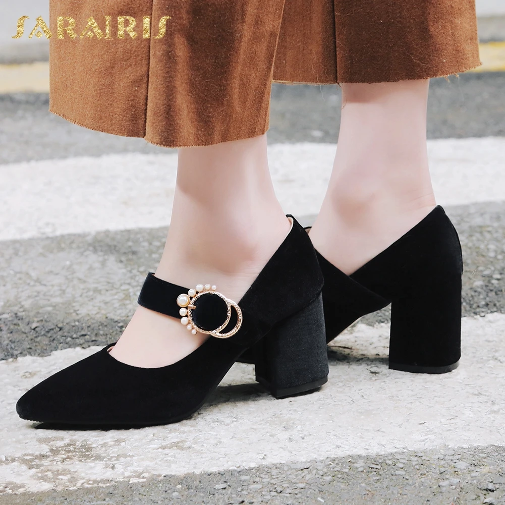 

Sarairis Fashion 2020 Chunky Heels Mary Janes Shoes Woman Pumps Female Flock Buckle Strap Office Lady Pumps Women Shoes
