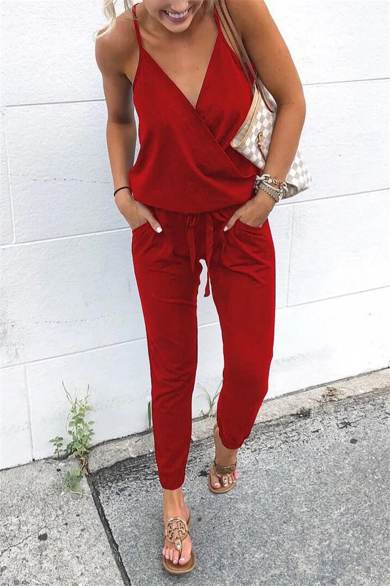 New Arrival Sexy Spaghetti Cross Strap Lace Up Jumpsuits Summer Women V Neck Solid Casual Sleeveless Pockets Long Romper Female