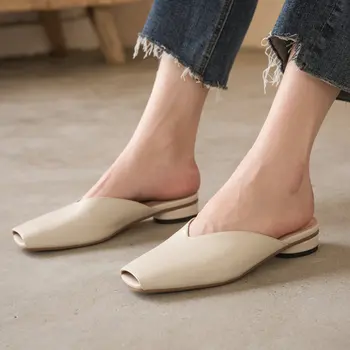 

Women Mules Slip on Shoes Genuine Leather Fashion Slippers 2.5cm Heel Summer Square Toe Slides Elegant Ladies Shoes