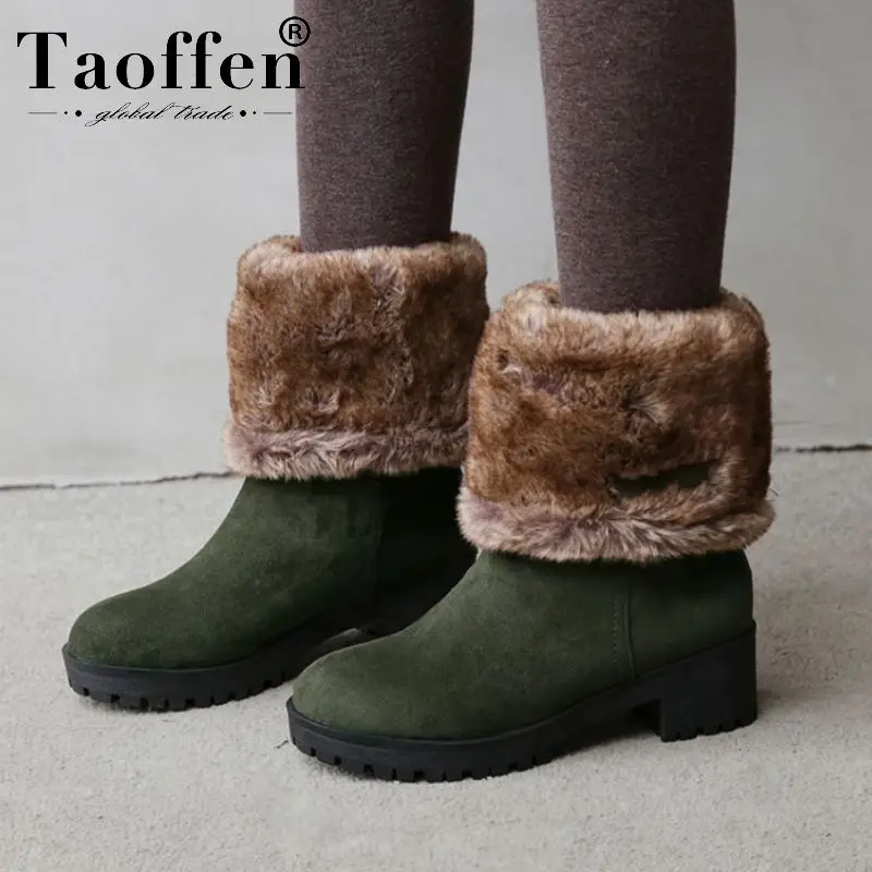 Taoffen Women Winter Snow Boots Chunky Heels Plush Fur Warm Ankle Round Toe Platform Casual Outdoor Shoes Size 34-43 | Обувь
