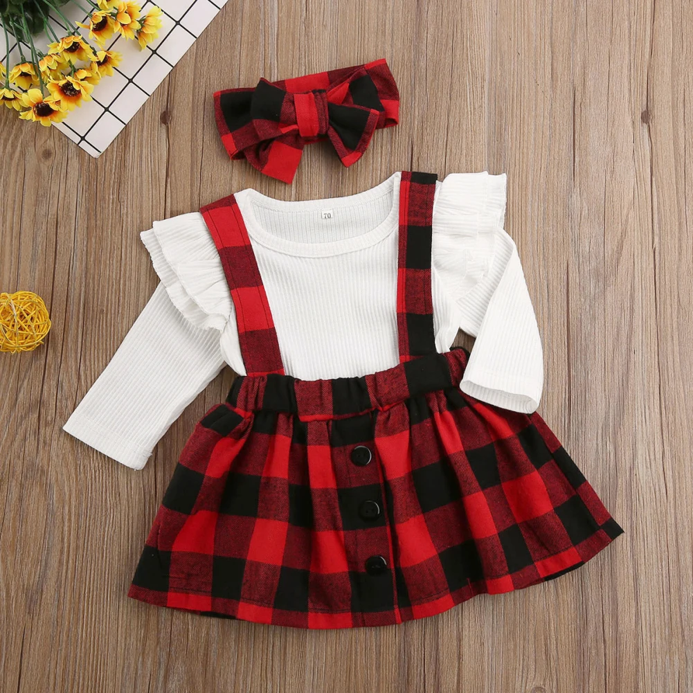 Infant Baby Girl Clothes Knitted Romper Ruffle Long Sleeve Tops Plaids Bib Skirt Headband 3PCS Xmas Party Outfit Suit